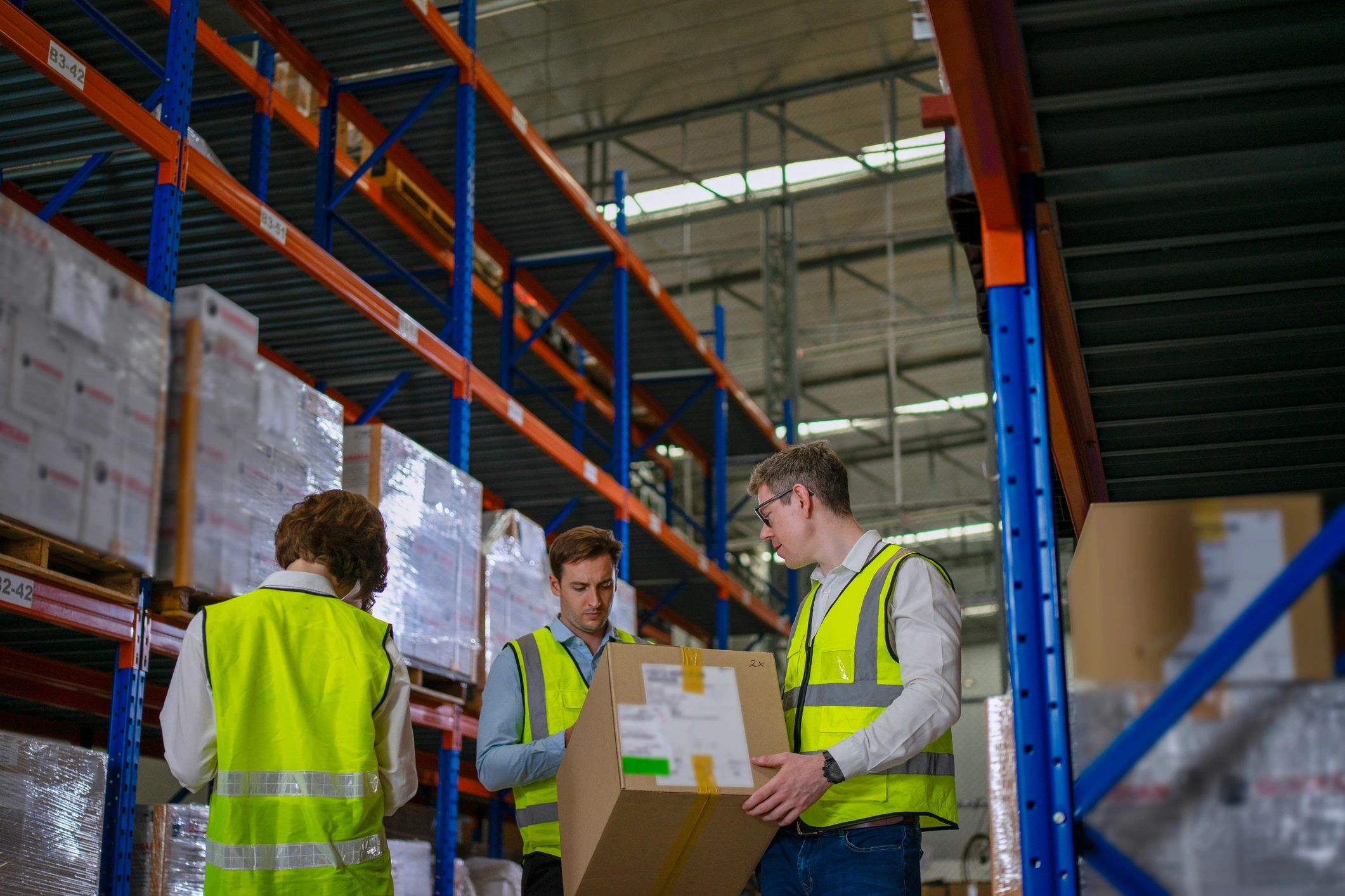 Blue collar workers are working at warehouse.